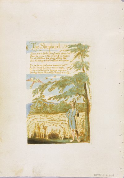 「羊飼い」、「イノセンスの歌」からのプレート15、1789（紙にトイレでレリーフエッチング） 作： William Blake